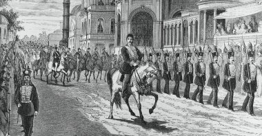 An engraving depicts Ottoman Sultan Abdulhamid II in Istanbul during celebrations marking his accession to the throne in September 1876. (Getty Images Photo)