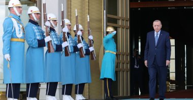 President Recep Tayyip Erdoğan walks past ceremonial soldiers during a welcoming ceremony, Ankara, Türkiye, April 21, 2026. (AA Photo)