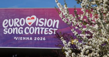 The Eurovision Song Contest 2026 logo, on the day of a press conference in front of the Stadthalle, in Vienna, Austria, April 9, 2026. (Reuters Photo)