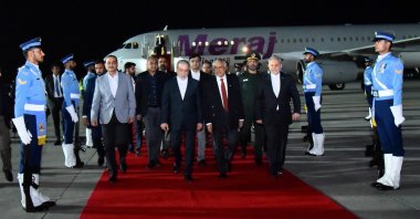 Iranian Foreign Minister Abbas Araghchi walks with Pakistan's Deputy Prime Minister Ishaq Dar (R) and Field Marshal Asim Munir at Nur Khan Airbase in Rawalpindi, Pakistan, April 24, 2026. (Pakistan Foreign Ministry Handout via EPA)