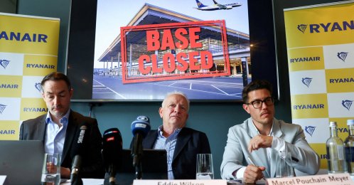 CEO of Ryanair DAC Eddie Wilson, Ryanair CCO Jason McGuinness and Ryanair Head of Communications DACH Marcel Pouchain Meyer attend a press conference, Berlin, Germany, April 24, 2026. (Reuters Photo)
