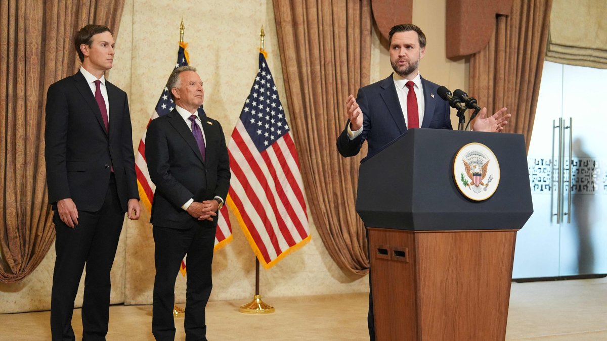 U.S. Vice President JD Vance (R) speaks during a news conference after meeting with representatives from Pakistan and Iran, as U.S. President Donald Trump's son-in-law Jared Kushner (L) and U.S. Special Envoy to the Middle East Steve Witkoff (C) watch, in Islamabad, Pakistan, April 12, 2026. (AFP Photo)