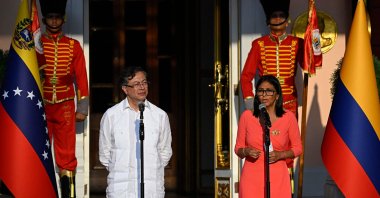 Venezuela's interim president Delcy Rodriguez (R) and Colombian President Gustavo Petro deliver statements after a bilateral meeting at the Miraflores presidential palace in Caracas, Venezuela, April 24, 2026. (AFP Photo)