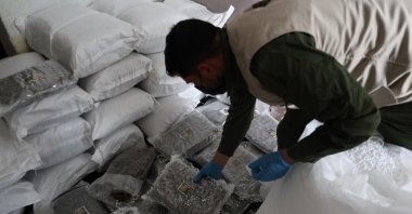 A member of the joint Turkish-Syrian task force collects packages containing an estimated 236 kilograms of suspected marijuana after the operation in Latakia, Syria, April 16, 2026. (DHA Photo)