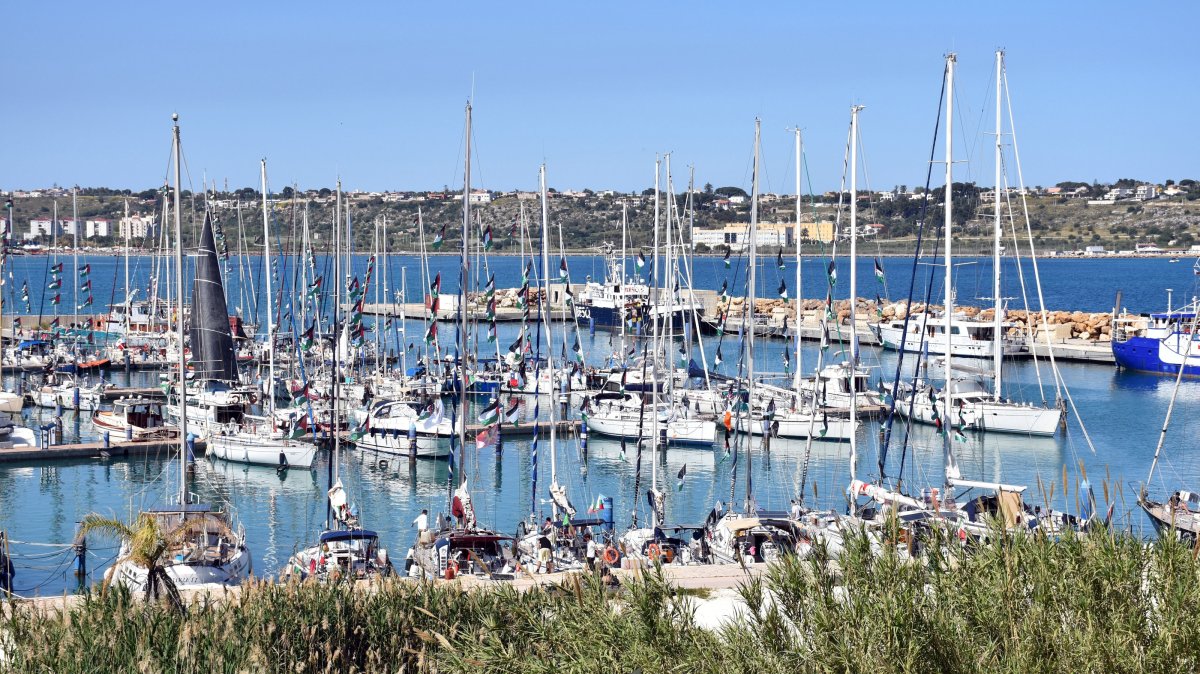 Vessels participating in the Global Sumud Flotilla are moored in Augusta, near Syracuse, Sicily, Italy, April 25, 2026. (AA Photo)