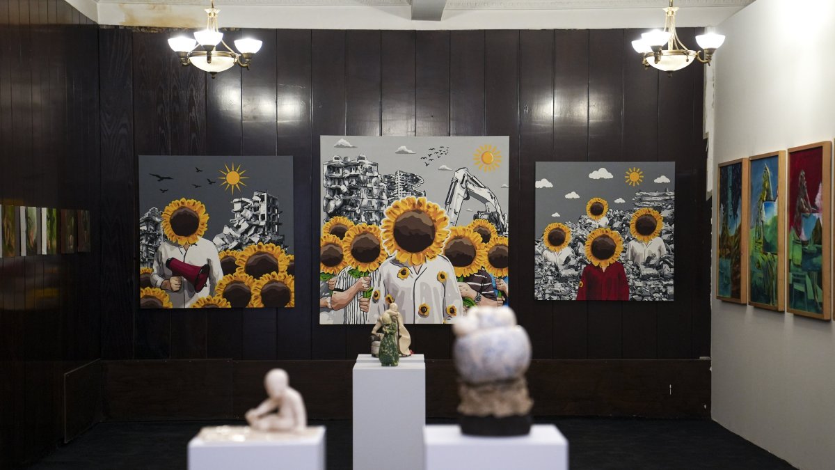 Artworks displayed as part of the “Mümkün” exhibition at Karaköy Palas, Istanbul, Türkiye, April 25, 2026. (AA Photo)