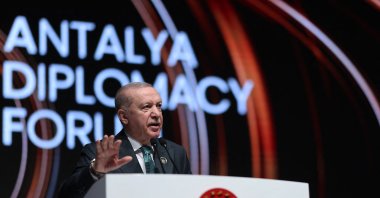 President Recep Tayyip Erdoğan speaks at the opening ceremony of the fifth edition of the three-day Antalya Diplomacy Forum, Antalya, Türkiye, April 17, 2026. (AFP Photo)