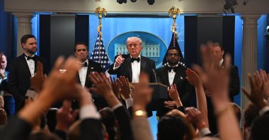 US President Donald Trump speaks to reporters in the White House press briefing room in Washington, D.C., U.S., April 25, 2026. (AA Photo)