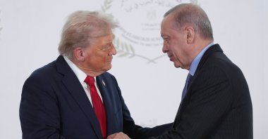 President Donald Trump greets President Recep Tayyip Erdoğan during a summit in Sharm El Sheikh, Egypt, Oct. 13, 2025. (AP Photo) 