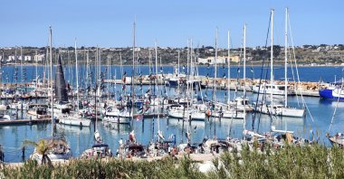Vessels participating in the Global Sumud Flotilla are moored in Augusta, near Syracuse, Sicily, Italy, April 25, 2026. (AA Photo)