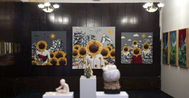 Artworks displayed as part of the “Mümkün” exhibition at Karaköy Palas, Istanbul, Türkiye, April 25, 2026. (AA Photo)