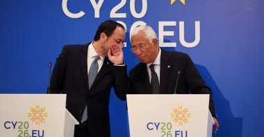 European Council President Antonio Costa (R) and Greek Cypriot leader Nikos Christodoulides (L) attend a press conference, Lefkoşa (Nicosia), the island of Cyprus, April 24, 2026. (Reuters Photo)