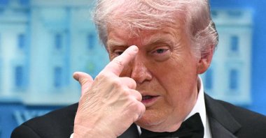 U.S. President Donald Trump gestures as he speaks during a press briefing in the Brady Briefing Room shortly after a shooting incident at the White House Correspondents’ Dinner, at the White House, Washington, DC, U.S., April 25, 2026. (AFP Photo)