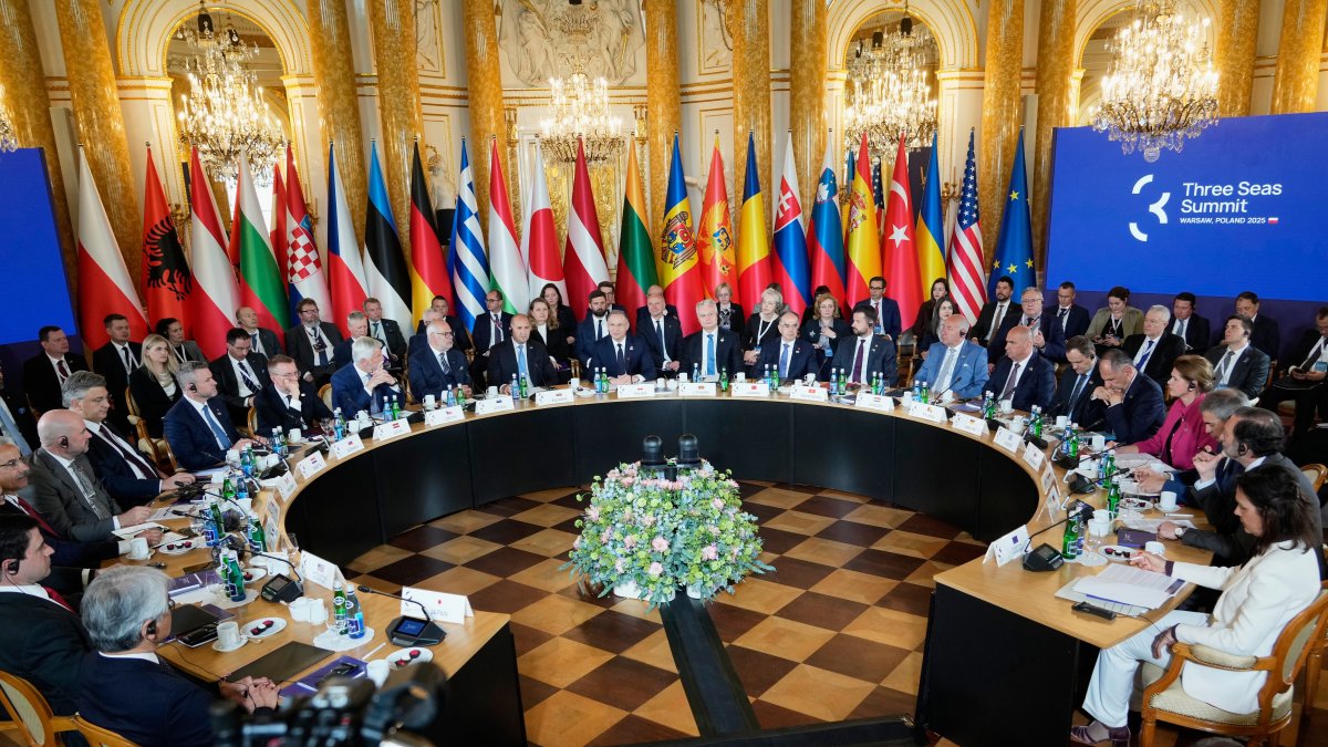 Participants of the Three Seas Initiative Summit (3SI) have taken their seats for talks at the Royal Castle, Warsaw, Poland, April 29, 2025. (AP Photo)