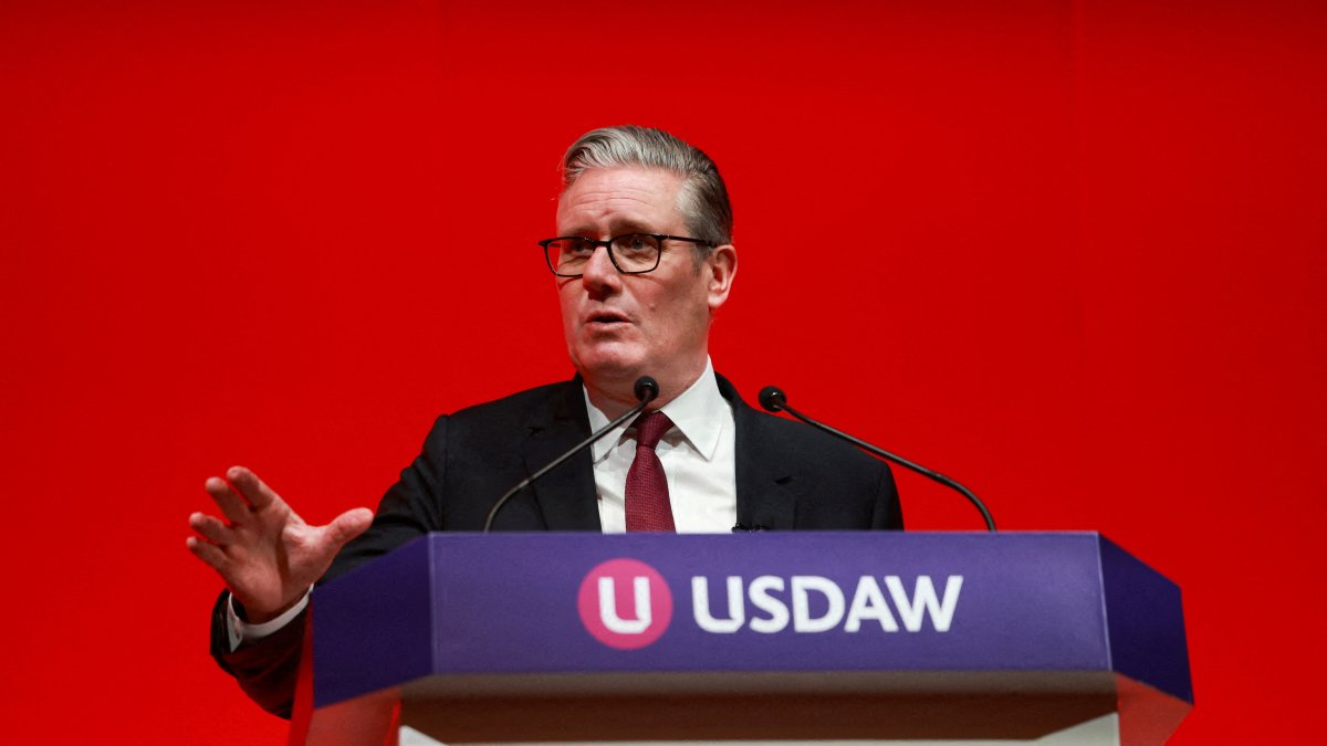 British Prime Minister Keir Starmer delivers a speech at the Union of Shop, Distributive and Allied Workers (USDAW) Annual Delegate Meeting at the Winter Gardens Blackpool, in Blackpool, Britain, April 27, 2026. (Reuters Photo)
