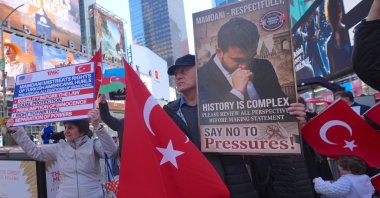 Turkish American demonstrators protest Mamdani's remarks, New York, U.S., April 27, 2026. (AA Photo)