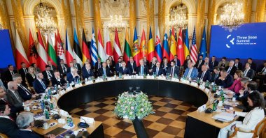 Participants of the Three Seas Initiative Summit (3SI) have taken their seats for talks at the Royal Castle, Warsaw, Poland, April 29, 2025. (AP Photo)