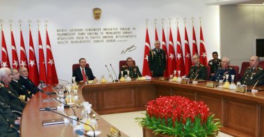 Then-Prime Minister Recep Tayyip Erdoğan sits next to then-Chief of General Staff Gen. Yaşar Büyükanıt during a meeting at army headquarters, Ankara, Türkiye, Nov. 29, 2007. (AP Photo)