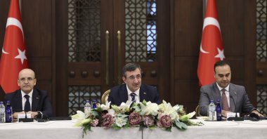 Vice President Cevdet Yılmaz (C), Treasury and Finance Minister Mehmet Şimşek and Industry and Technology Minister Mehmet Fatih Kacır attend a press conference, Ankara, Türkiye, April 27, 2026. (AA Photo)