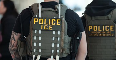 Immigration and Customs Enforcement (ICE) agents patrol Terminal C at LaGuardia Airport,  in New York, March 24, 2026. (Getty Images)