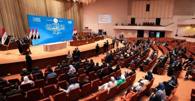 Iraqi members of parliament attending a session to elect a new president in Baghdad, April 11, 2026. (AFP via Iraqi Parliament Media Office)