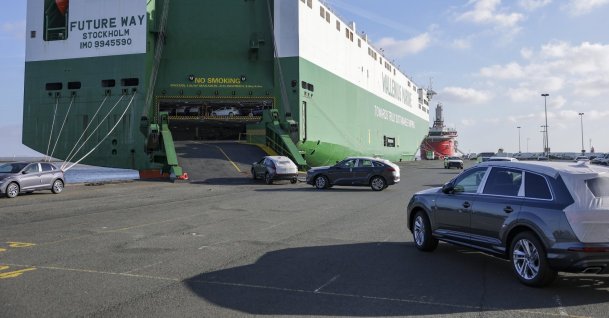 Cars for export are loaded for shipment at the port in Emden, Germany, April 23, 2026. (EPA Photo)