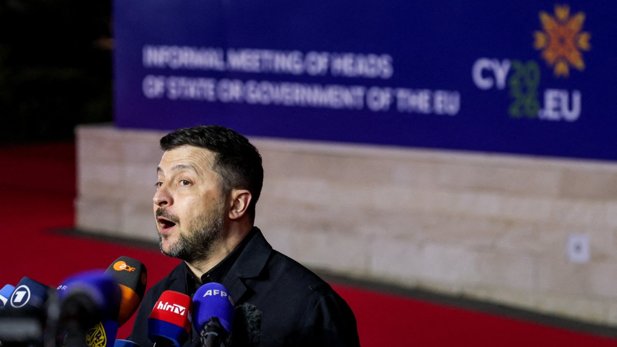 Ukraine's President Volodymyr Zelenskyy speaks to the media as he arrives to attend an informal European leaders' summit in Ayia Napa, Greek Cyprus, April 23, 2026. (Reuters Photo)