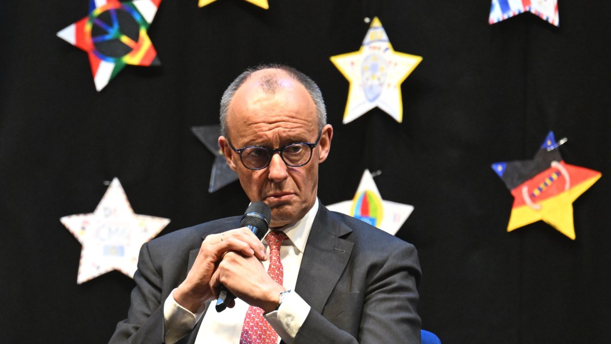 Germany's Chancellor Friedrich Merz takes part in a panel discussion with pupils on European issues, during a visit to Carolus-Magnus-Gymnasium, in Marsberg, Germany, Monday, April 27, 2026. (AP Photo)