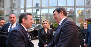 Vice President Cevdet Yılmaz (L) shakes hands with Serbia's Ambassador Aca Jovanovic, Ankara, Türkiye, April 27, 2026. (AA Photo)