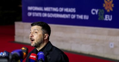 Ukraine's President Volodymyr Zelenskyy speaks to the media as he arrives to attend an informal European leaders' summit in Ayia Napa, Greek Cyprus, April 23, 2026. (Reuters Photo)