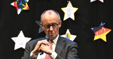 Germany's Chancellor Friedrich Merz takes part in a panel discussion with pupils on European issues, during a visit to Carolus-Magnus-Gymnasium, in Marsberg, Germany, Monday, April 27, 2026. (AP Photo)