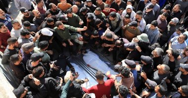 Mourners attend the funeral of Palestinians who were killed today in an Israeli strike, at Al-Shifa Hospital in Gaza City, the Gaza Strip, April 28, 2026. (Reuters Photo)