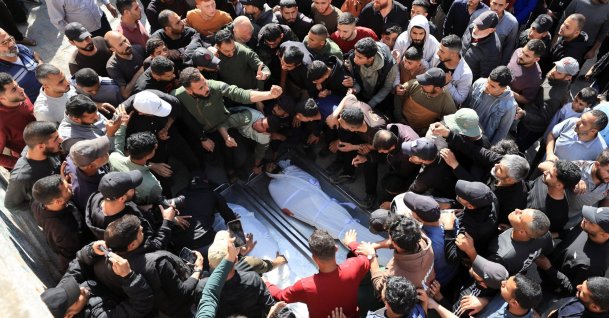 Mourners attend the funeral of Palestinians who were killed today in an Israeli strike, at Al-Shifa Hospital in Gaza City, the Gaza Strip, April 28, 2026. (Reuters Photo)