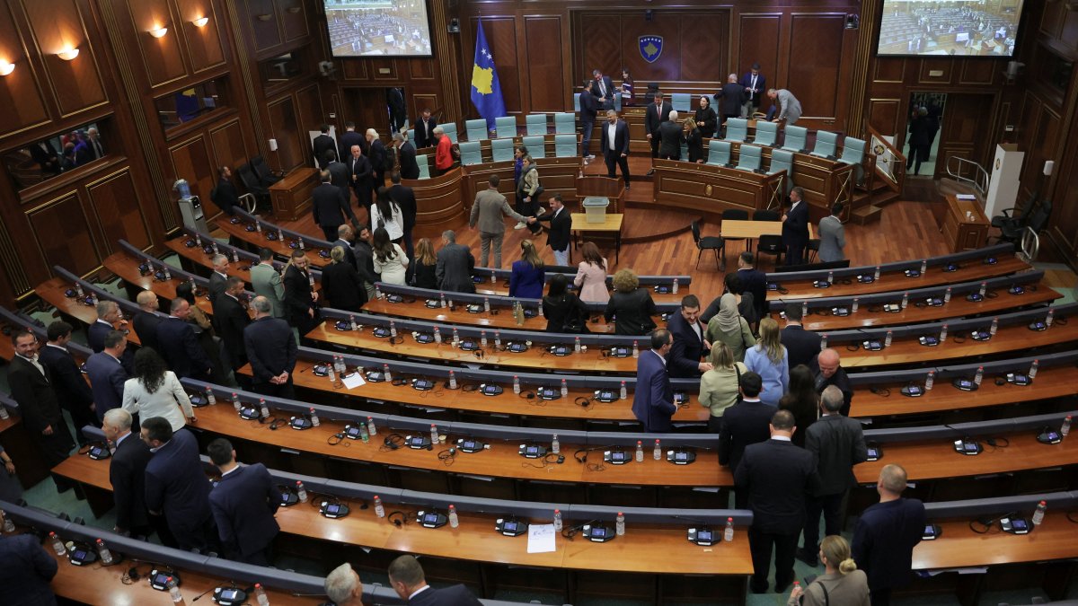 Members of the parliament leave the plenary session after failing to elect the new president in Pristina, Kosovo, April 28, 2026. (Reuters Photo)