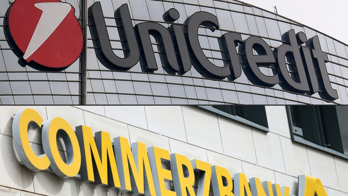This file combination of pictures created on Dec. 18, 2024, shows the Unicredit logo on the Unicredit tower in Milan, Italy, Nov. 7, 2017, and the logo of German bank Commerzbank in Frankfurt am Main, western Germany, Sept. 24, 2024. (AFP Photo)
