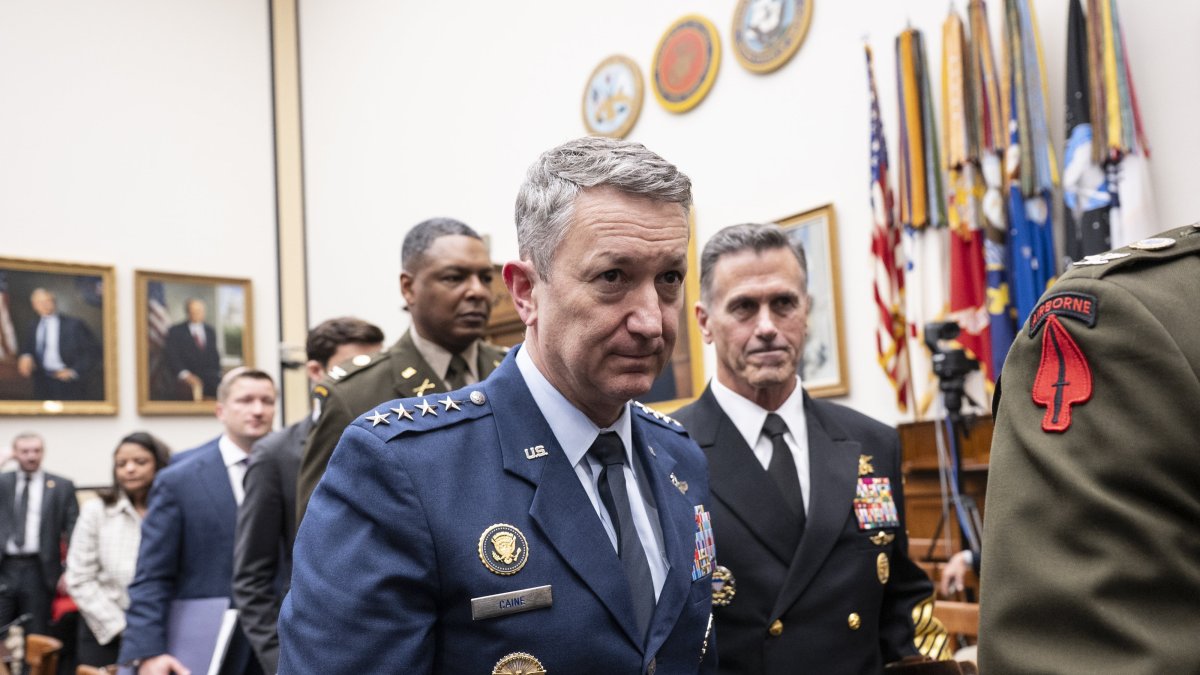 Joint Chiefs of Staff Chair Dan Caine leaves for a recess while US Secretary of Defense Pete Hegseth, and Under Secretary of Defense (CFO), Jules Hurst III also testify before the House Armed Services Committee in the Rayburn House Office Building in Washington, D.C. April 29, 2026. (EPA Photo)