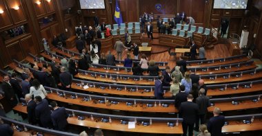 Members of the parliament leave the plenary session after failing to elect the new president in Pristina, Kosovo, April 28, 2026. (Reuters Photo)