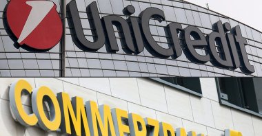 This file combination of pictures created on Dec. 18, 2024, shows the Unicredit logo on the Unicredit tower in Milan, Italy, Nov. 7, 2017, and the logo of German bank Commerzbank in Frankfurt am Main, western Germany, Sept. 24, 2024. (AFP Photo)