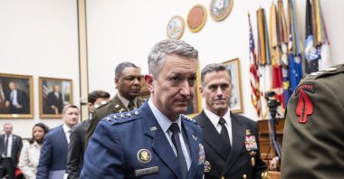 Joint Chiefs of Staff Chair Dan Caine leaves for a recess while US Secretary of Defense Pete Hegseth, and Under Secretary of Defense (CFO), Jules Hurst III also testify before the House Armed Services Committee in the Rayburn House Office Building in Washington, D.C. April 29, 2026. (EPA Photo)
