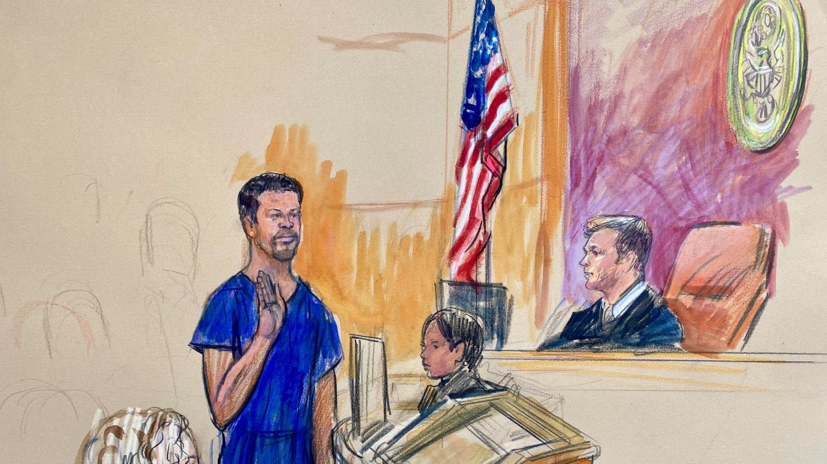 This courtroom sketch depicts Cole Tomas Allen (L), arrested in the shooting incident at the White House Correspondents’ Association dinner, appearing before Magistrate Judge Matthew J. Sharbaugh, in federal court, Washington, U.S., April 27, 2026. (AP Photo)