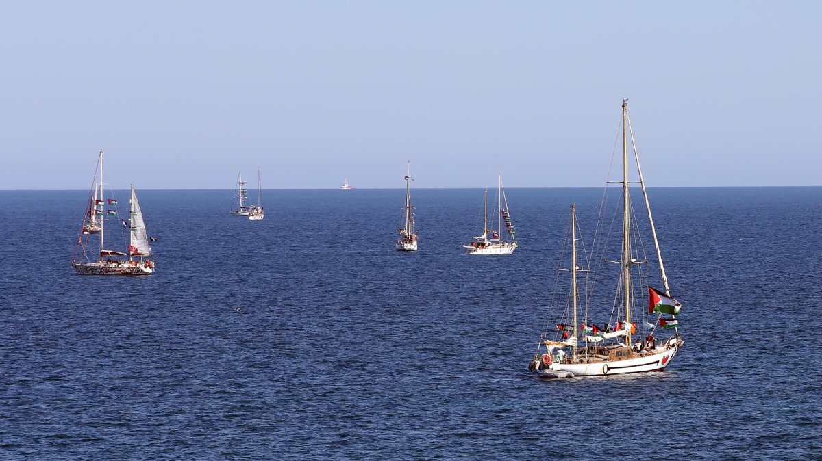 A view of boats participating in the flotilla, off the coast of Augusta, Italy, April 26, 2026. (AA Photo) 