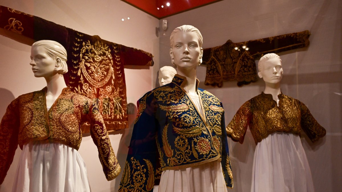 Traditional dresses displayed in the “Bridal Treasures: A Journey Through Ottoman and Anatolian Dowries” exhibition at the State Hermitage Museum, St. Petersburg, Russia, April 29, 2026. (AA Photo)
