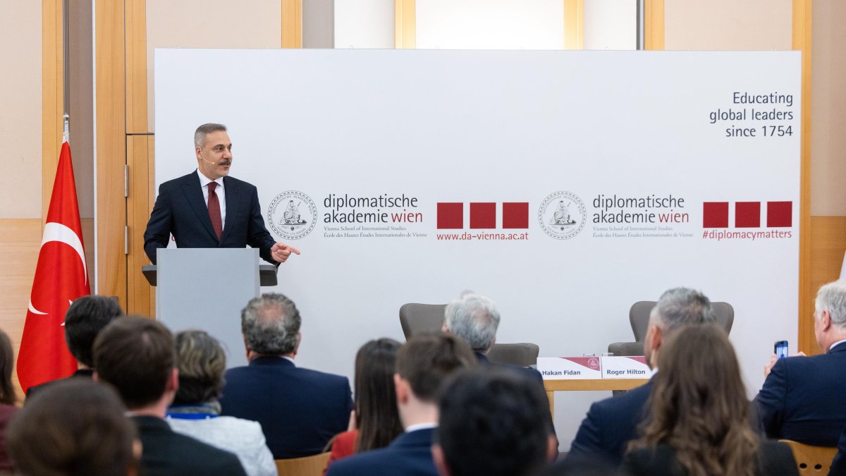 Foreign Minister Hakan Fidan addresses the conference, Vienna, Austria, April 30, 2026. (AA Photo)