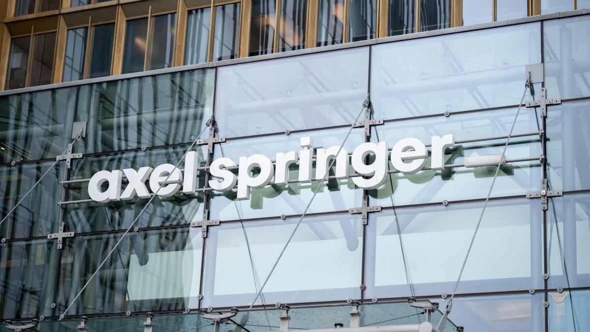 The Axel Springer logo is seen on the company headquarters building in Berlin, Germany, April 20, 2026. (AFP Photo)