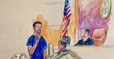 This courtroom sketch depicts Cole Tomas Allen (L), arrested in the shooting incident at the White House Correspondents’ Association dinner, appearing before Magistrate Judge Matthew J. Sharbaugh, in federal court, Washington, U.S., April 27, 2026. (AP Photo)