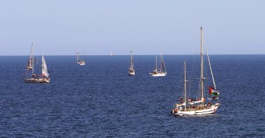 A view of boats participating in the flotilla, off the coast of Augusta, Italy, April 26, 2026. (AA Photo) 