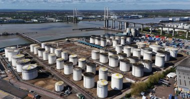 An image made with a drone shows oil, gas and fuel storage units at the Navigator Terminal, Grays, U.K., 14 April 2026. (EPA Photo)