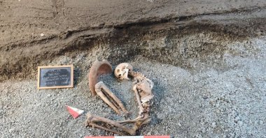 This image released by the Italian Culture Ministry shows a victim of the A.D. 79 eruption of Mount Vesuvius, in the Pompeii archaeological area near Naples, Italy, April 27, 2026. (Italian Culture Ministry via AP)