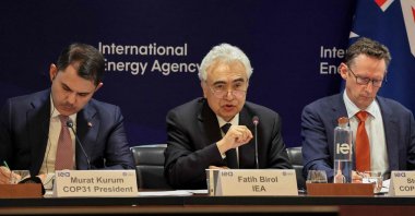 (From L-R) Environment, Urbanization and Climate Change Minister and COP31 President-designate Murat Kurum, International Energy Agency (IEA) Executive Director Fatih Birol and Australian Ambassador to the Organisation for Economic Co-operation and Development (OECD) and President of Negotiations for COP31 Stephen Jones take part in a conference on energy transition, Paris, France, April 30, 2026. (AFP Photo)