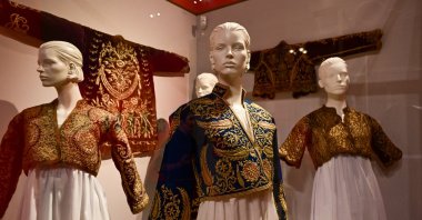Traditional dresses displayed in the “Bridal Treasures: A Journey Through Ottoman and Anatolian Dowries” exhibition at the State Hermitage Museum, St. Petersburg, Russia, April 29, 2026. (AA Photo)